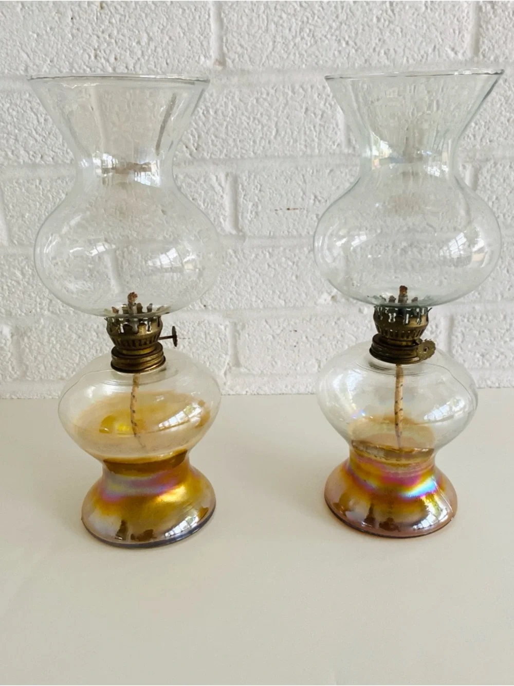 Pair of Vintage Iridescent Glass Oil Hurricane Lamps